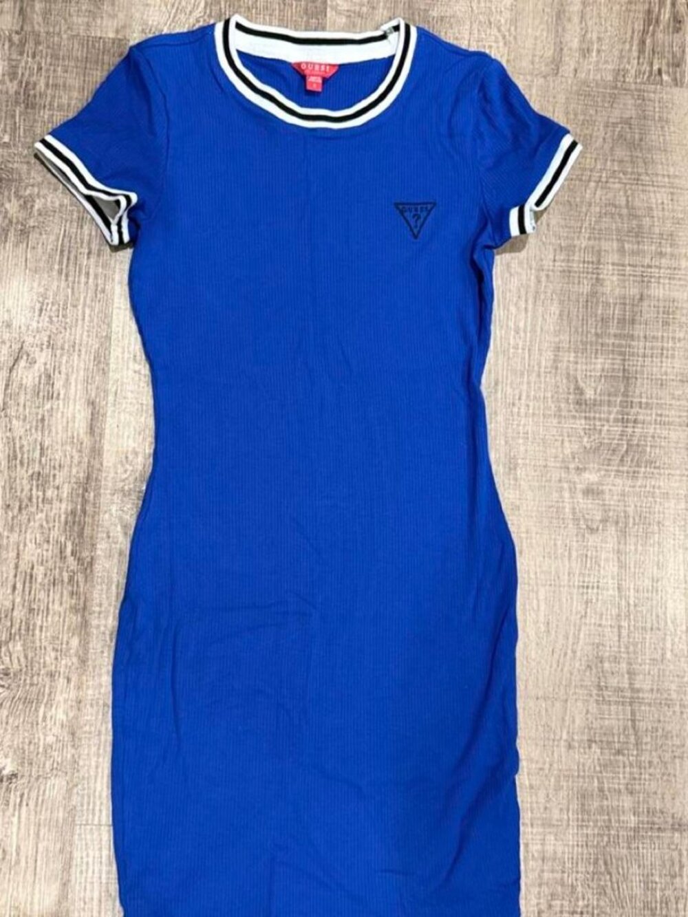 Guess blue mini dress with white & black trim on neckline and sleeves, size S
